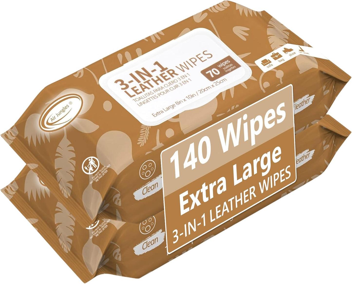 Air Jungles 3in1 Leather Cleaner Wipes 70 Count (Pack of 3), Extra Large 8" x 10" Size, Clean Condition Protect Wipes for Vinyl and Leather Apparel Furniture Auto Car Interior Shoes Boots Bags