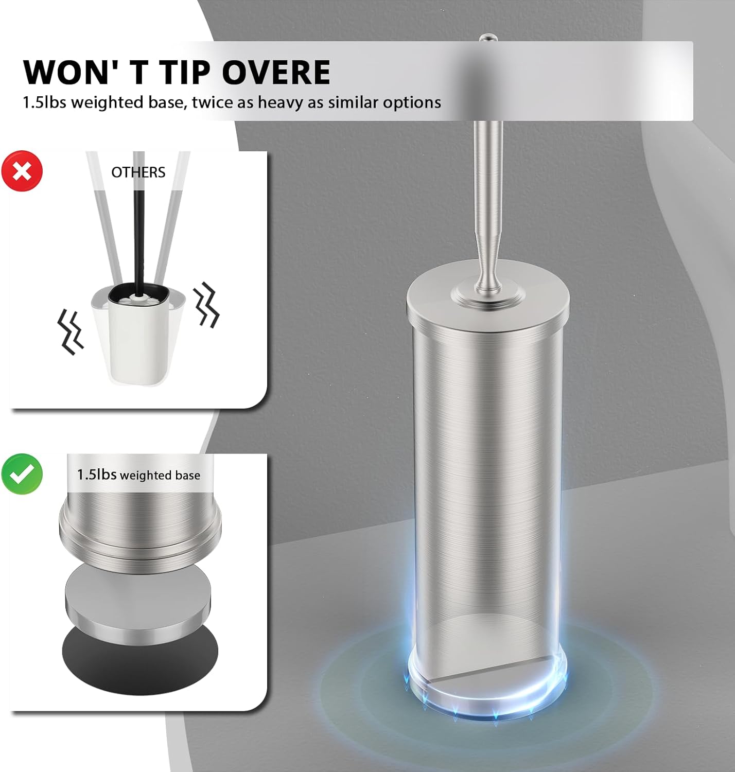 Premium 304 Stainless Steel Toilet Brush and Holder: Weighted Stable Base, Removable Inner Tube, Splash-Proof Design for 360° Thorough Cleaning & Space-Saving Storage,Nickel