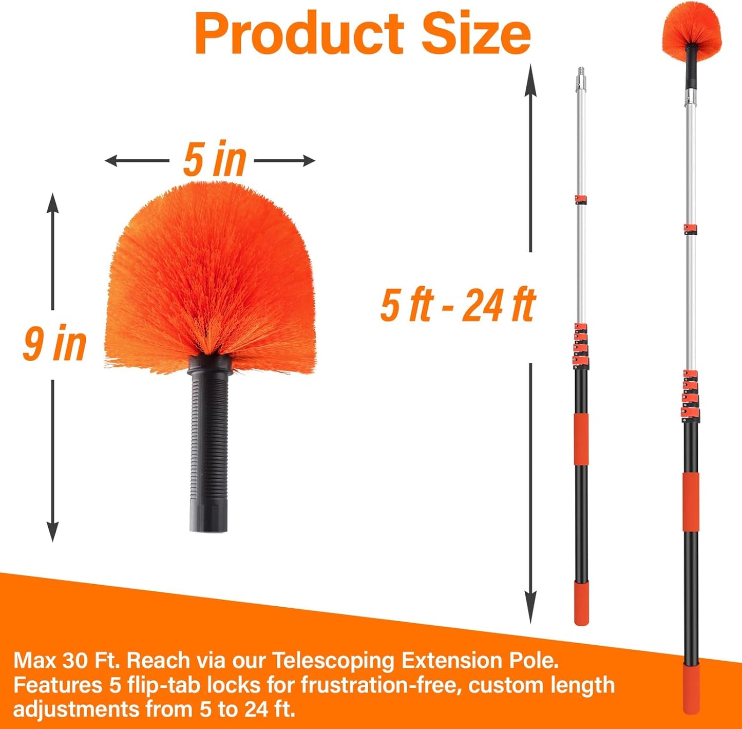 26FT Reach Cobweb Duster with Extension Pole - Spider Web Brush with 5-20 FT Telescopic Aluminum Pole, Washable & Reusable Soft Bristles for Cleaning High Ceiling Corner, Indoor, Outdoor