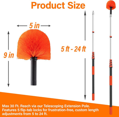 26FT Reach Cobweb Duster with Extension Pole - Spider Web Brush with 5-20 FT Telescopic Aluminum Pole, Washable & Reusable Soft Bristles for Cleaning High Ceiling Corner, Indoor, Outdoor