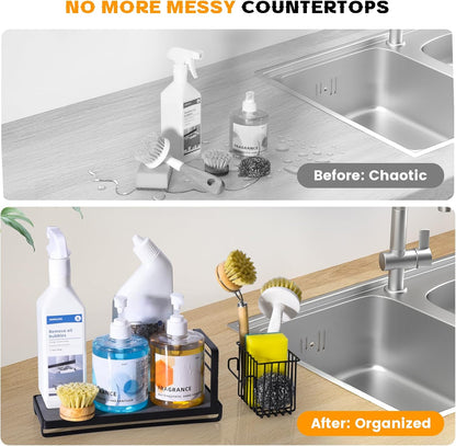 KONE Kitchen Sink Caddy: Sponge Holder for Kitchen Sink Counter with Instant Drying Stone and High Brush Holder, Rustproof Stainless Steel Sponge Holder for Sponges, Scrubbers, Soap (Black)