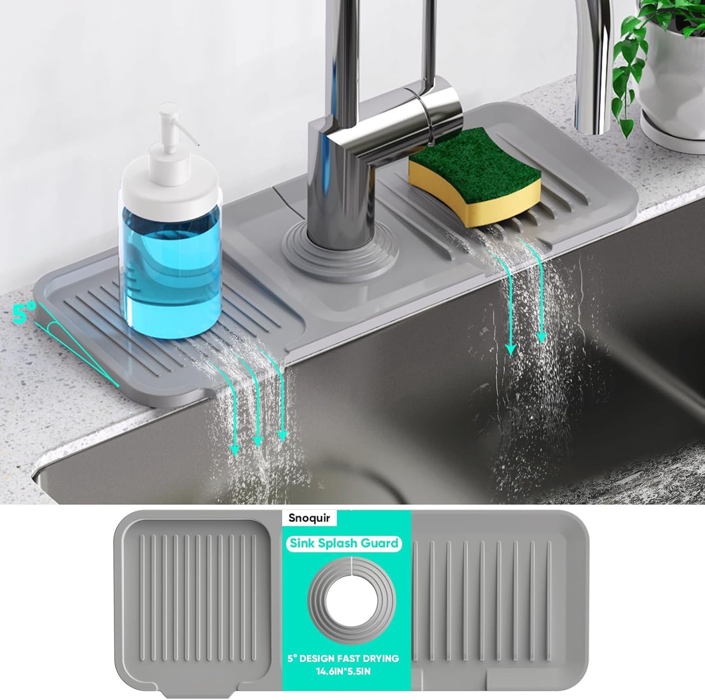 24 Inch Longer Faucet Mat for Kitchen Sink, 5° Slope Fast Self-draining, Kitchen Sink Splash Guard Silicone Sink Faucet Mat Splash Guard Kitchen Sink Area Tidy Splash Faucet Guard Draining Mat