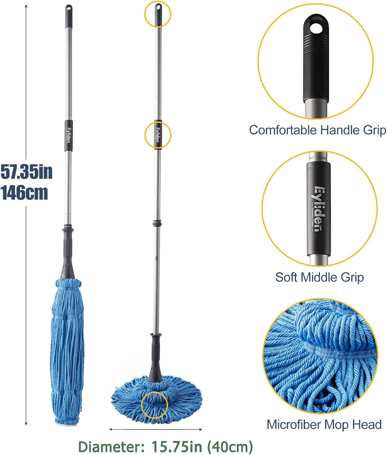Eyliden Mop with 2 Reusable Microfiber Heads, Easy Wringing Twist Mop, 57.5 inch Long Handle, Wet Mops for Floor Cleaning, Commercial Household Clean Hardwood, Vinyl, Tile, and More (White)