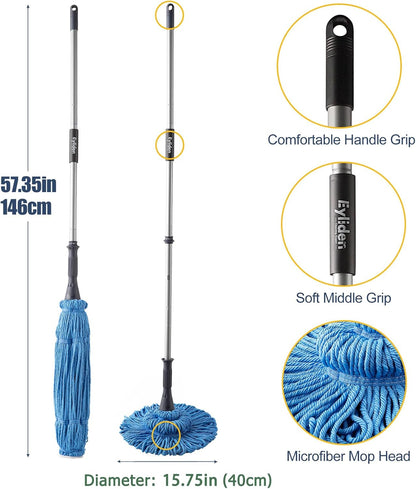 Eyliden Mop with 2 Reusable Microfiber Heads, Easy Wringing Twist Mop, 57.5 inch Long Handle, Wet Mops for Floor Cleaning, Commercial Household Clean Hardwood, Vinyl, Tile, and More (White)