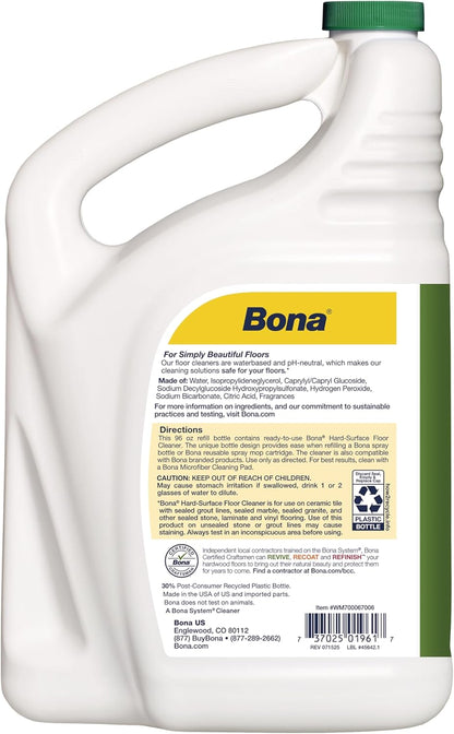 Bona Multi-Surface Floor Cleaner Refill - 128 fl oz - Lemon Mint - Residue-Free Floor Cleaning Solution refill for Spray Mop and Spray Bottles - For Use on Stone, Tile, Laminate, and Vinyl Floors