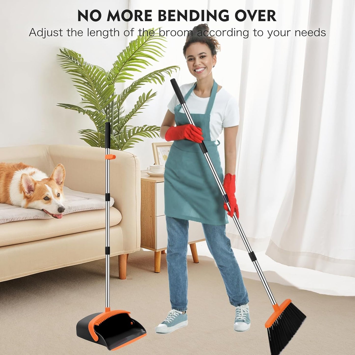 Broom and Dustpan Set for Home, 51-in Long Adjustable Handle Angle Broom and Dustpan Combo Set with Dust Pan Teeth to Clean Hair for Home Kitchen Office Lobby Floor Garden (Black&White)