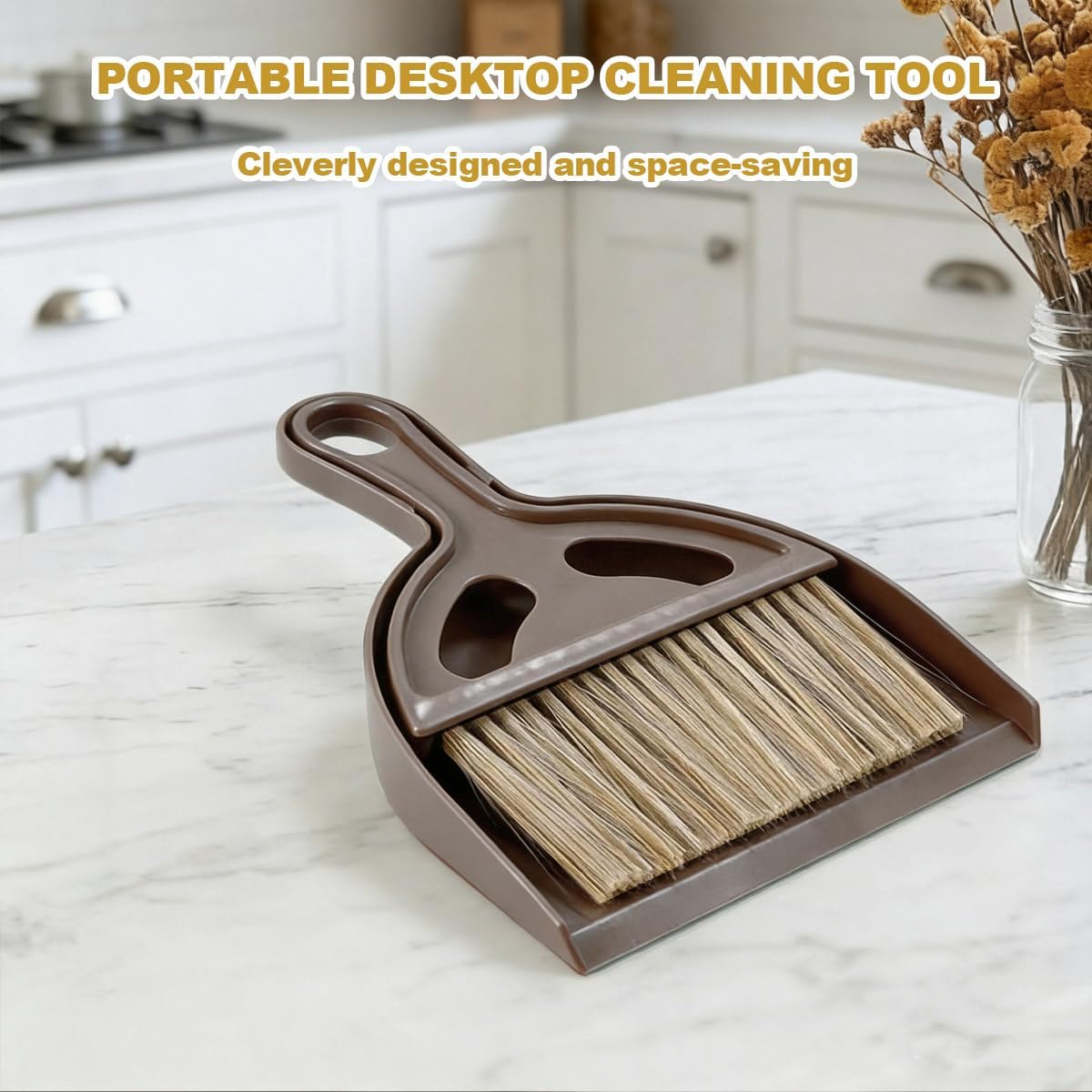 Mini Broom and Dustpan Set - Compact Small Hand Broom with Soft Bristles, Portable Desktop Cleaning Tool for Kitchen Counter, Desk, Drawer, Pet Litter & Car Interior (Off-White)