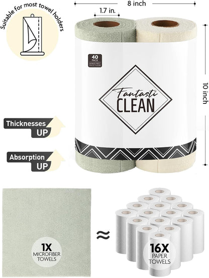 Fantasticlean Kitchen Towels - 40 Sheets - Reusable Washable Dishcloth Rolls, Super Absorbent, Premium Microfiber Cleaning Cloths, 10'' by 10'' (Beige, MossGreen)