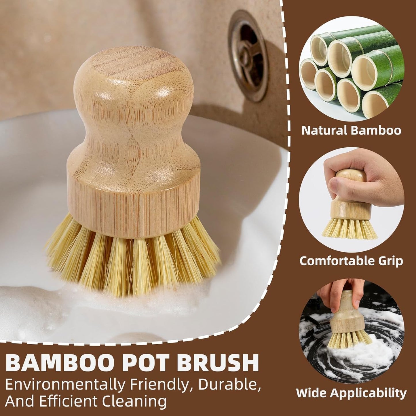 SAMEBUTECO 6-Piece Bamboo Dish Brush Set with Fast-Dry Stainless Steel Holder,3xNatural Sisal Bristle Brush & 1xPalm Bristle Kitchen Cleaning Brushes for Dishes, Pots, Pans & Sink