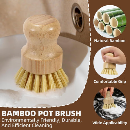 SAMEBUTECO 6-Piece Bamboo Dish Brush Set with Fast-Dry Stainless Steel Holder,3xNatural Sisal Bristle Brush & 1xPalm Bristle Kitchen Cleaning Brushes for Dishes, Pots, Pans & Sink