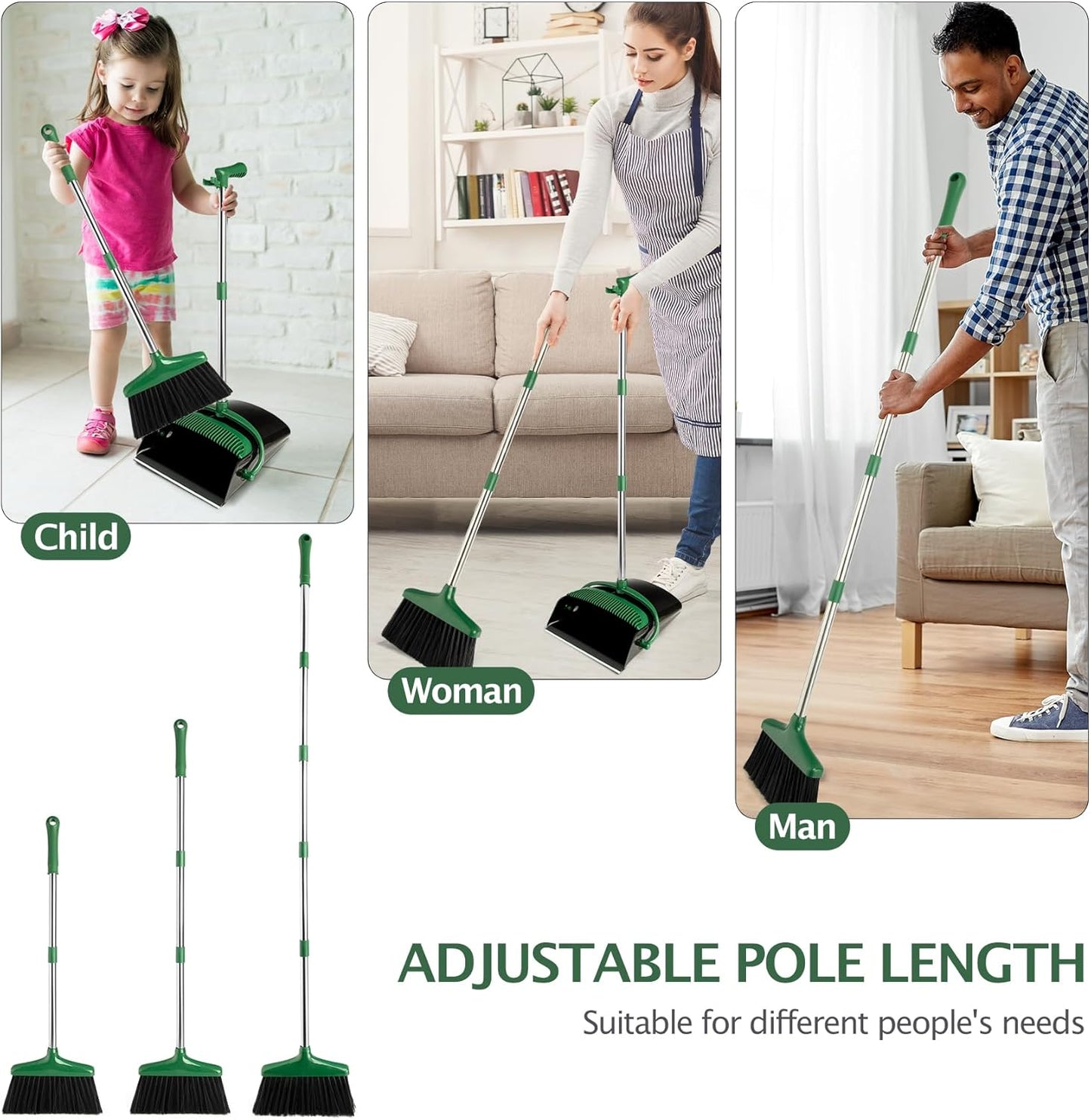 Broom and Dustpan Set with Long Handle, Light Weight Stainless Steel Poles Stand Upright Dustpans with Broom Combo for Home Kitchen Office Pet Dog Hair, 1-Pack (Purple)