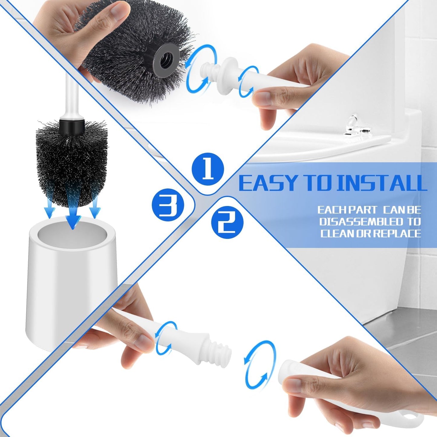 AONEZ Toilet Brush and Holder Set, 2 Pack Long-Handle Toilet Brush, Non-Slip Grip, Nylon Bristles, Deep Cleaning for Bathroom, Toilet Scrubber- Black