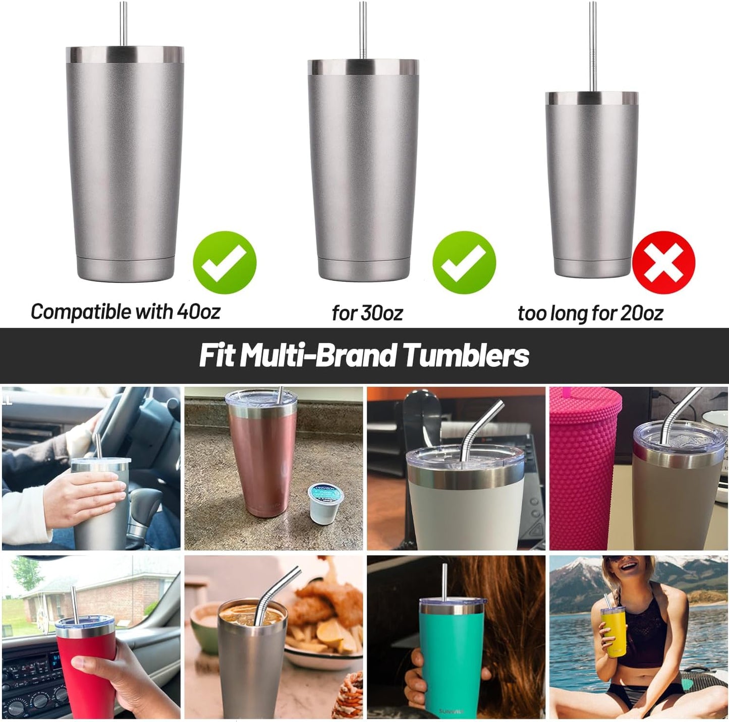 VEHHE Metal Straw Stainless Steel Straws Drinking Reusable Straws 4 Set -10.5" Ultra Long Rainbow Color-Cleaning Brush for 20/30 Oz for Yeti RTIC SIC Ozark Trail Tumblers (2 Straight|2 Bent|1 Brush)