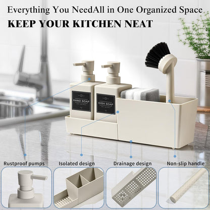 Kitchen Soap Dispenser Set with Sponge Holder and Brush for Sink Rack Hand Soap and Dish Soap Dispensers Black 4-in-1