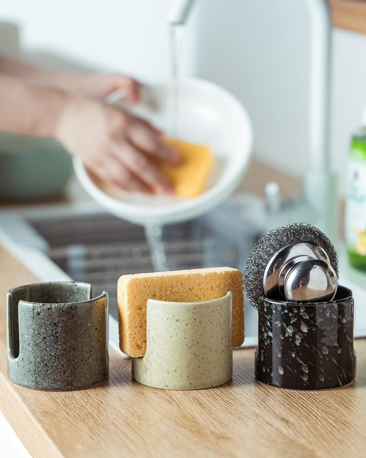 Zoeeker Sponge Holder for Kitchen Sink, Ceramic Dish Sponge Dish Rack Scrubby Caddy Kitchen Organizer Cute Sink Caddy Organizer, Farmhouse Decor, Speckled Glaze