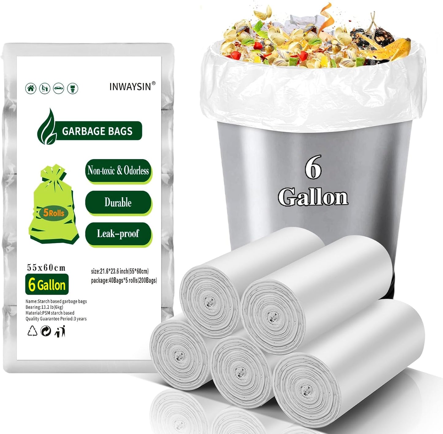 Small Trash Bags, Inwaysin Small Garbage Bags 4-6 Gallon Biodegradable Can Liners Thicken, Size Expanded, White 200 Counts