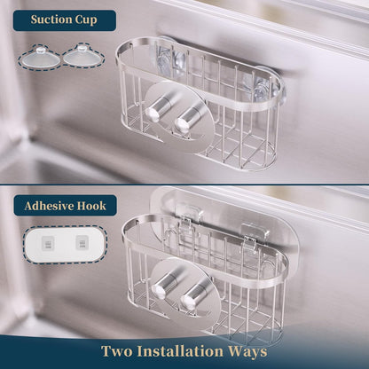 Consumest Sponge Holder Sink Caddy - Ladder Shaped Sponge Holder for Kitchen Sink with 2 Installation Ways (Suction Cups & Adhesive Hook), Rustproof Stainless Steel Kitchen Organizer, Silver