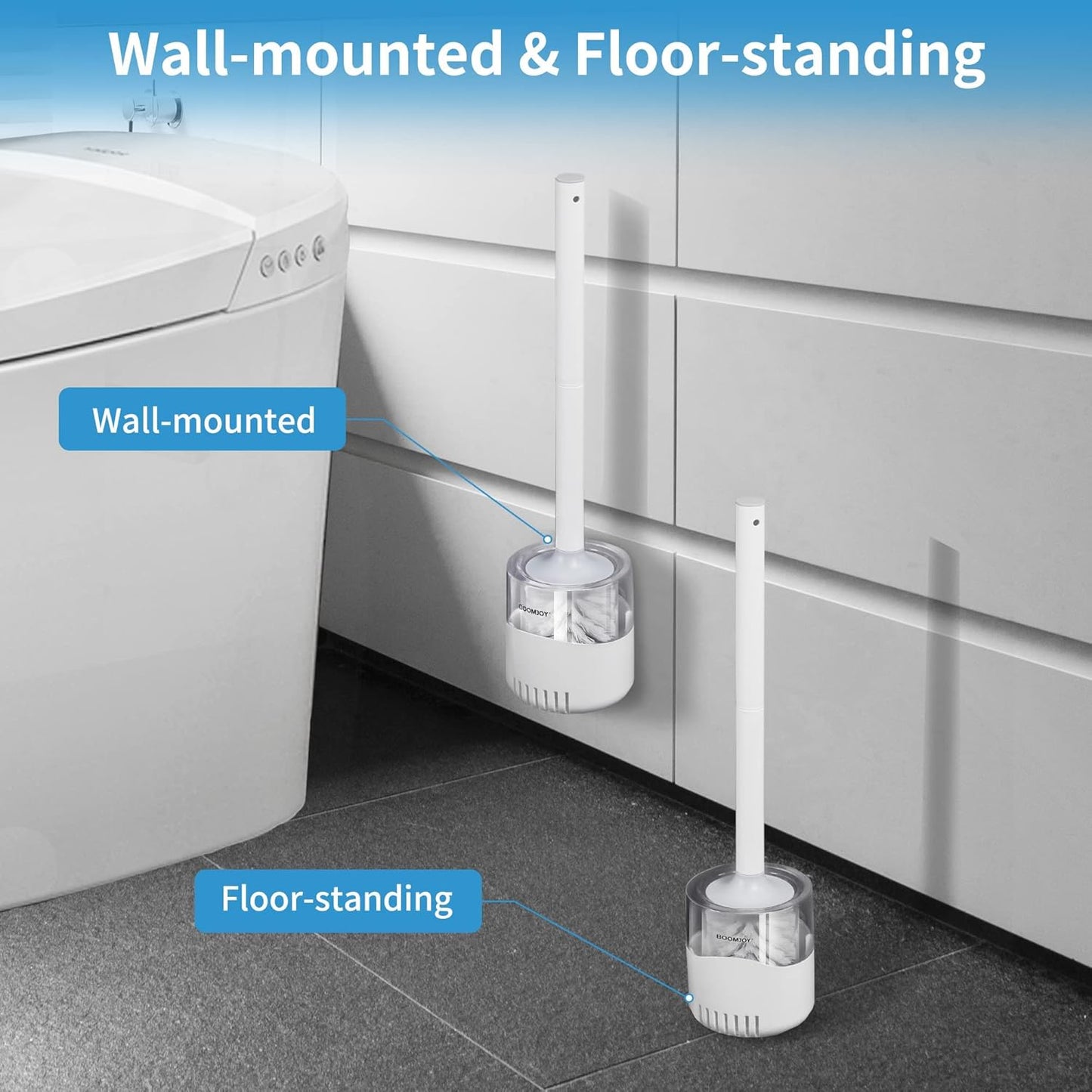 BOOMJOY Toilet Brush and Holder Set, Silicone Toilet Bowl Cleaner Brush, Bathroom Cleaning Bowl Kit with Tweezers, Bathroom Accessories with Aluminum Handle - White