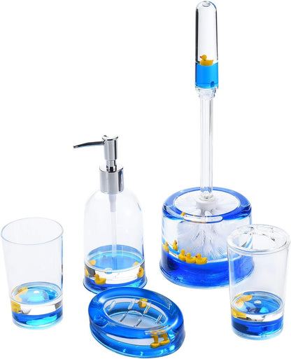 Locco Decor 5 Piece Acrylic Liquid 4D Floating Motion Bathroom Vanity Accessory Set Garden Botanic Green Plants Toothbrush Holder, Tumbler, Soap Dispenser, Soap Dish, Toiletbrush Holder Set