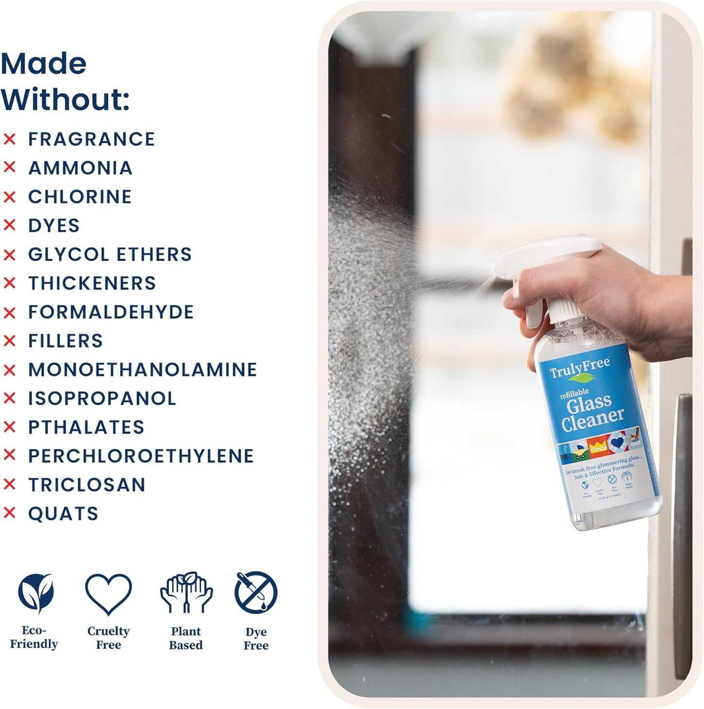 Truly Free Natural Glass Cleaner Kit - Removes Dirt & Debris for Sparkling Clean Windows & Glass Surfaces at Home, Office & Garage, Includes 16 oz Reusable Empty Bottle + Two Fills, 3 oz ea.