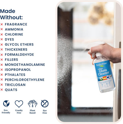 Truly Free Natural Glass Cleaner Kit - Removes Dirt & Debris for Sparkling Clean Windows & Glass Surfaces at Home, Office & Garage, Includes 16 oz Reusable Empty Bottle + Two Fills, 3 oz ea.