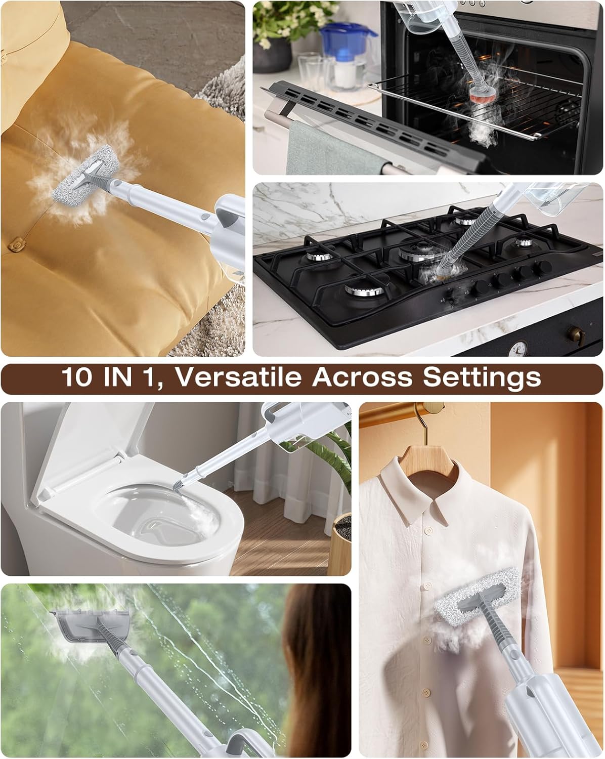 10-in-1 Steam Mop with Detachable Handheld Steamer, 350ml Tank, 10s Heat-Up, 248°F Steam Cleaner, 3-Level Control and Swivel Head for Floors, Carpets, Tiles, BBQ grill Multi-Surface Clean White