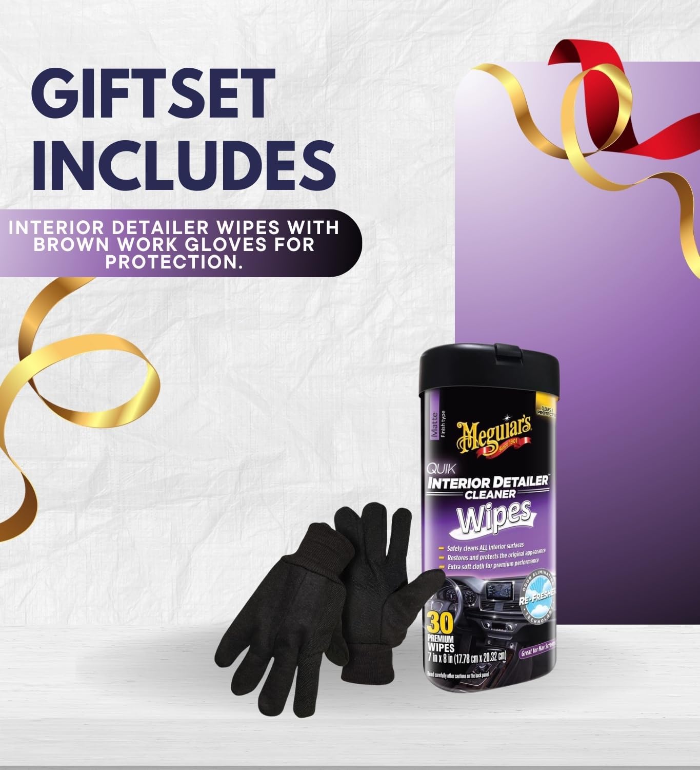 2x Quik Interior Detailer Multi-Surface Cleaner Wipes 30 Ct Bundle with Work Gloves – Convenient Car-Wipes for Dashboard, Vinyl, and Leather Wipes Use — Gift Set (3 Items)
