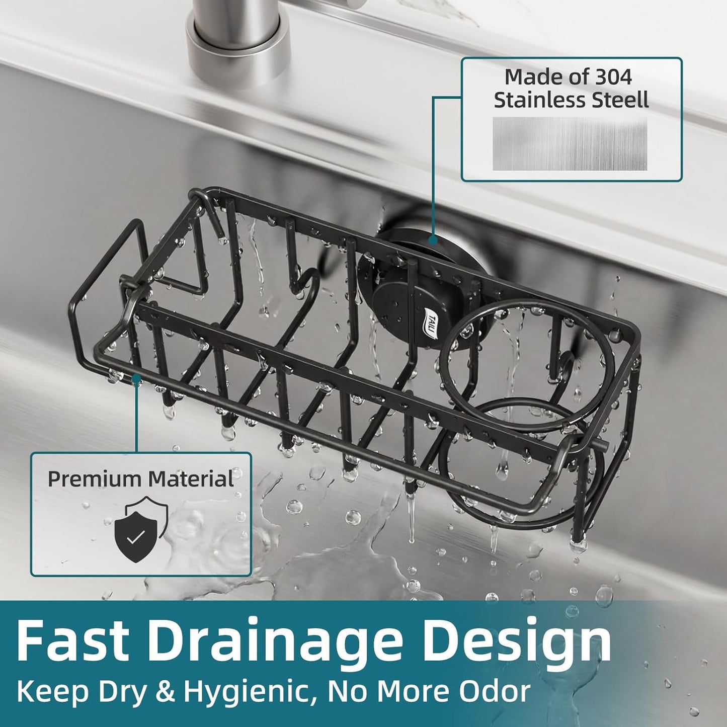 TAILI 4-in-1 Sink Caddy with Strong Suction Cup, Sponge Holder for Kitchen Sink Organizer, Removable, Rustproof, Stainless Steel Holder for Sponge, Brush, Scrubber, Scraper - Silver