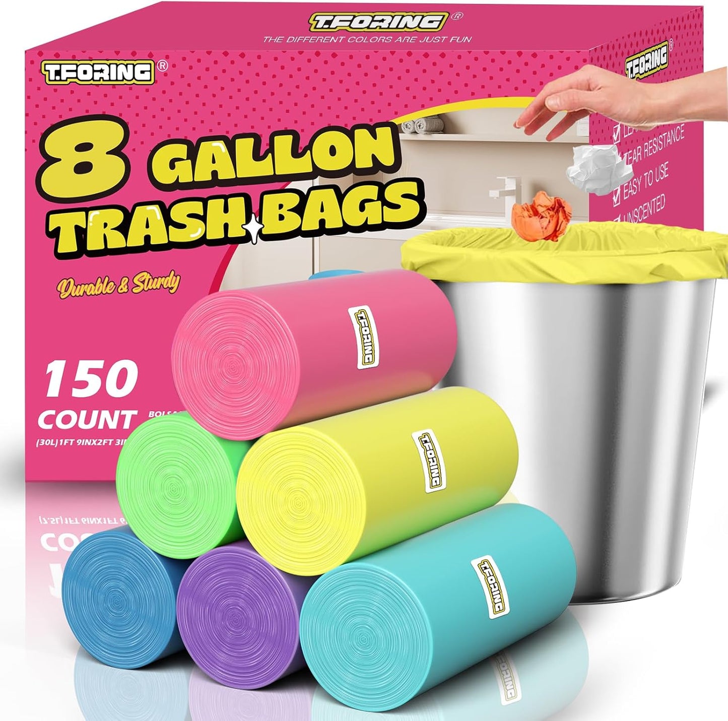 150 Count 4 Gallon Small Trash Bags - Colored Bathroom Garbage Bags Unscented Leak-proof, 15 Liter Plastic Wastebasket Can Liners for Office Bedroom Toilet and Car
