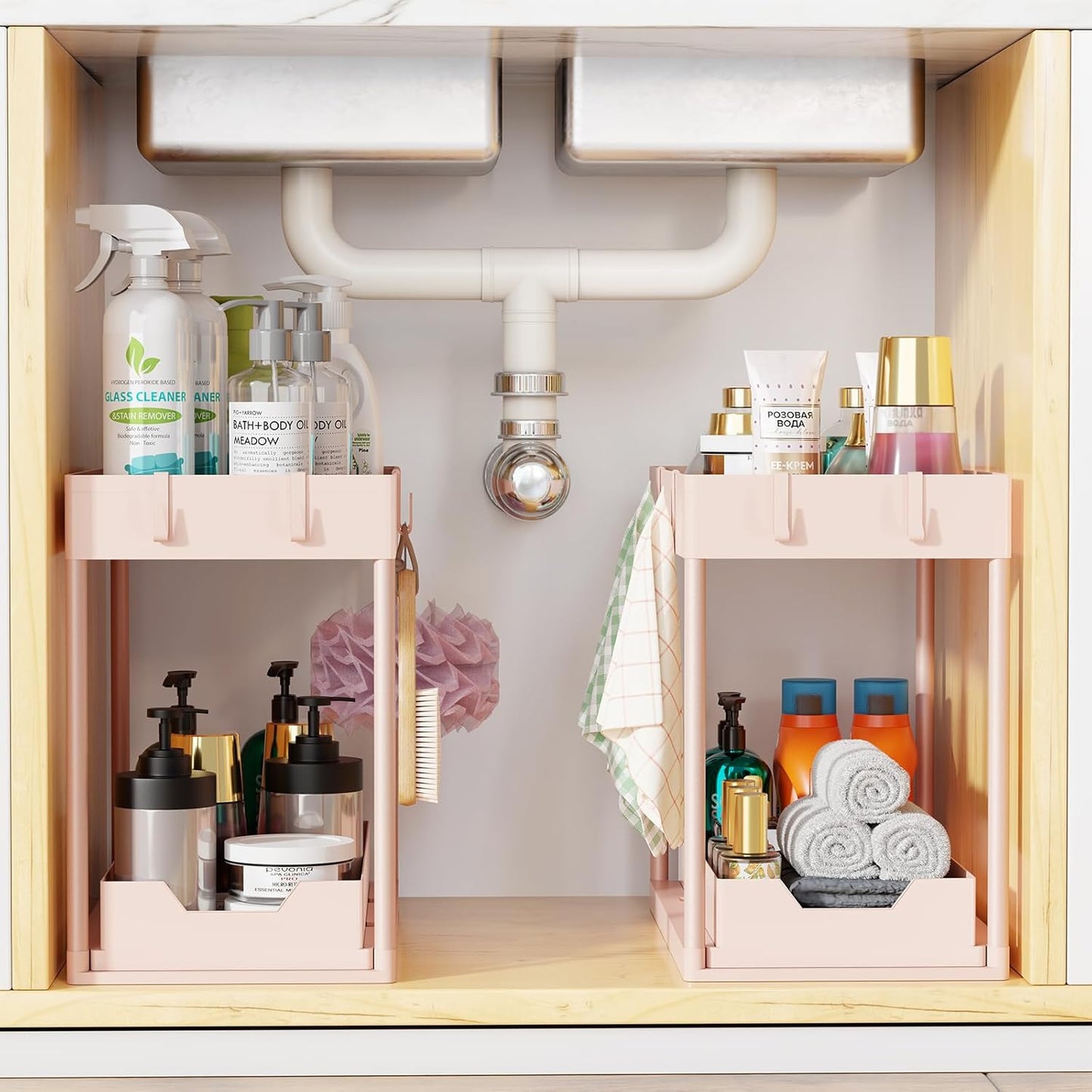 Simple Trending Under Sink Organizer 2 Pack, Sink Pull-Out Sliding Storage Cabinet, 2-Tier Under Shelf Organizer for Kitchen Bathroom, Black