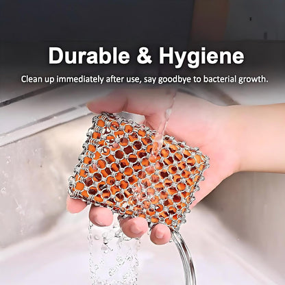 NTMY 316 Stainless Steel Pan Cleaner with Silicone Core – 4.5 Inch Dish Pot Brush,Cast Iron Scrubber, Metal Dish Scrubber,Dish Pot Brush,Chain Mail Scrubber for Oven&Grill Kitchen Cleaning Black