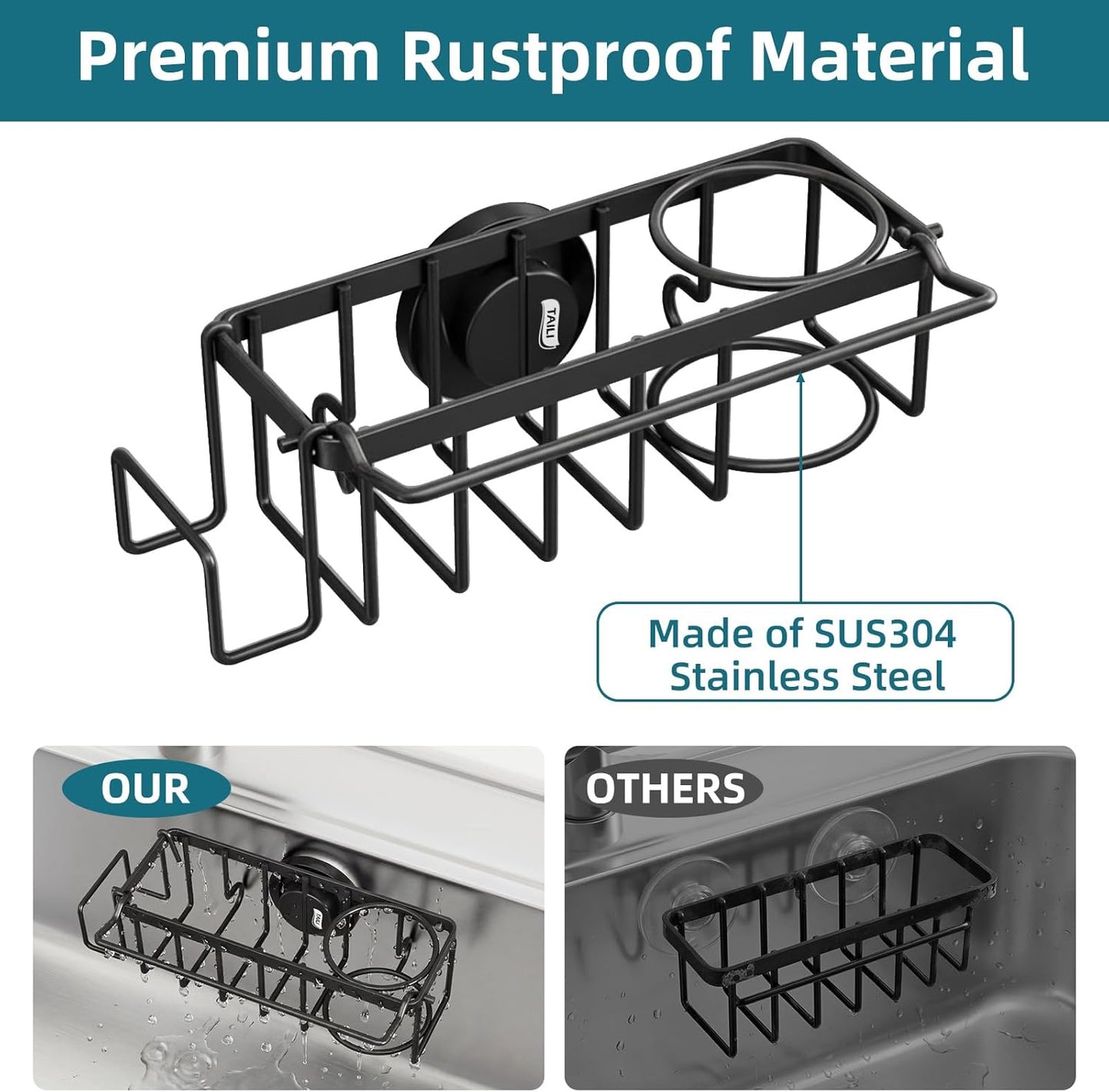 TAILI 4-in-1 Sink Caddy with Strong Suction Cup, Sponge Holder for Kitchen Sink Organizer, Removable, Rustproof, Stainless Steel Holder for Sponge, Brush, Scrubber, Scraper - Silver
