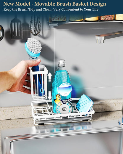 Consumest Sink Caddy, Kitchen Sponge Holder with Dish Brush Holder, Kitchen Organizer with Drip Tray for Countertop, Stainless Steel Rustproof - Silver