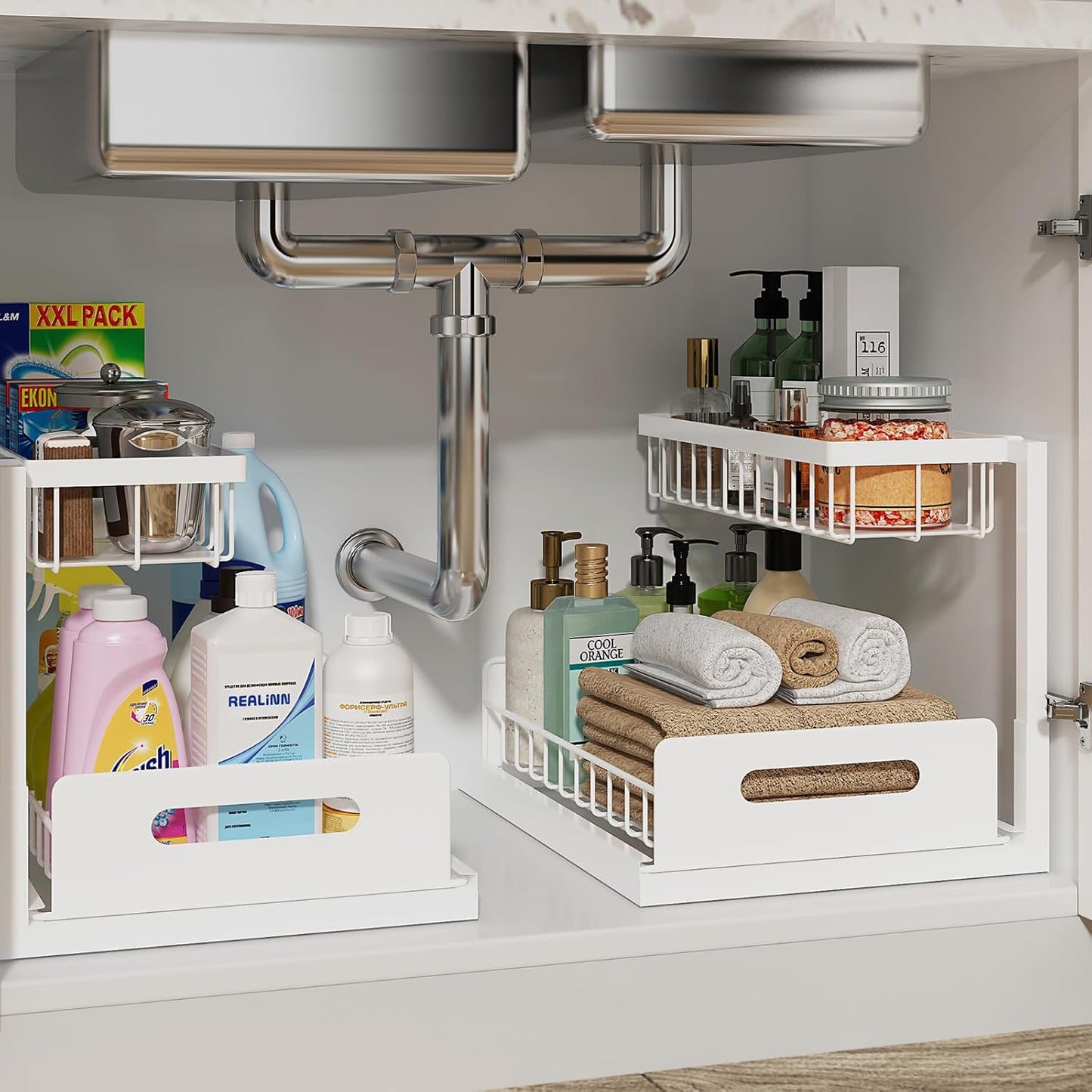 REALINN Under Sink Organizer, L-Shaped 2 Tier Pull Out Cabinet Organizer for Kitchen and Bathroom, Slide Out Under Cabinet Storage, Metal Under Sink Storage with Sliding Drawer, 50 lbs, Black 2 Pack