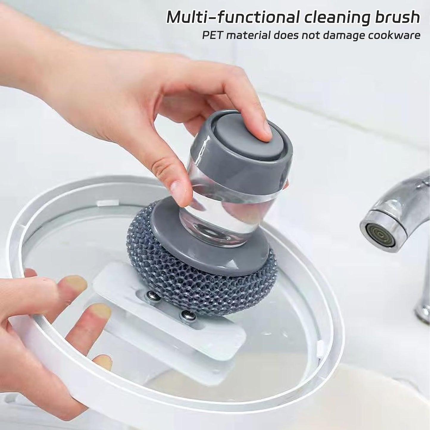 Soap Dispensing Dish Brush with 5 Replacement Heads - Comfort Grip Kitchen Scrub Brush for Cleaning Pots Pans Sinks - Ergonomic Non-Slip Dish Scrubber with Soap Dispenser Reservoir for One-Hand Use