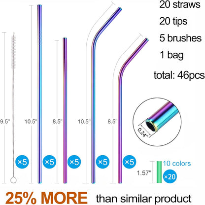 20 Pack Reusable Stainless Steel Metal Straws,10.5" & 8.5" Reusable Drinking Straws with 20 Silicone Tips 5 Straw Brushes 1 Travel Case,Eco Friendly Extra Long Metal Straw Fit for 20 24 30 oz Tumbler