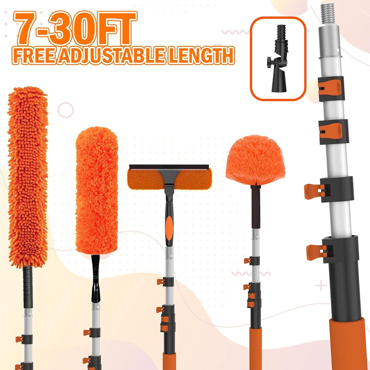 LAANPOLE 26FT High Reach Duster Cleaning Kit with Extension Pole, High Ceiling Fan Cleaner Duster Tool for Fan Blades, Window Washing Kit with Microfiber Feather Duster & Window Squeegee