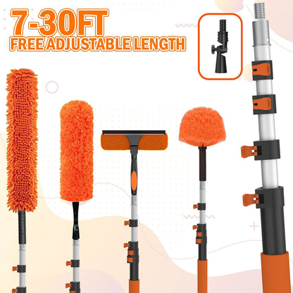 LAANPOLE 26FT High Reach Duster Cleaning Kit with Extension Pole, High Ceiling Fan Cleaner Duster Tool for Fan Blades, Window Washing Kit with Microfiber Feather Duster & Window Squeegee