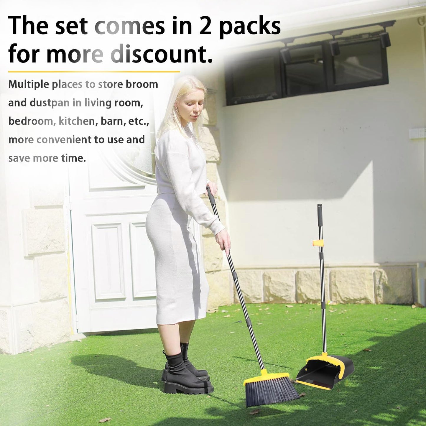 2-Pack is More economical,Brooms with Dustpan Combo Set， with 52" Long Handle, Dustpan Teeth with self-Cleaning Function, Indoor and Outdoor Sweeping, Perfect for Home Office (Large/Red /2-Pack)