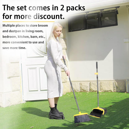 2-Pack is More economical,Brooms with Dustpan Combo Set， with 52" Long Handle, Dustpan Teeth with self-Cleaning Function, Indoor and Outdoor Sweeping, Perfect for Home Office (Large/Red /2-Pack)