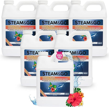 Steam & Go Demineralized Water for Steam Cleaner - PVC-Free Floor Cleaning Solution Compatible for All Steam Mops - Multi-Surface Cleaner for Home Surfaces - Tropical Bloom Scent, 32 oz