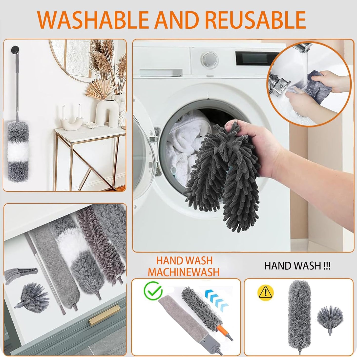 Microfiber Feather Duster Kit, 9PCS Dusters for Cleaning with 100-inch Extendable Pole, Bendable Reusable Washable Cobweb Duster for High Ceilings and Fans, Blinds, Cars and Furniture
