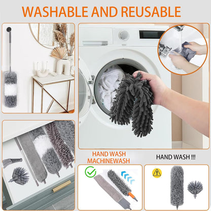 Microfiber Feather Duster Kit, 9PCS Dusters for Cleaning with 100-inch Extendable Pole, Bendable Reusable Washable Cobweb Duster for High Ceilings and Fans, Blinds, Cars and Furniture