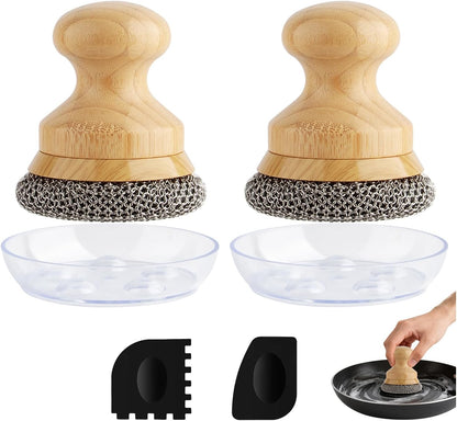 Cast Iron Scrubber and Scraper,Chain Mail Cleaner with Bamboo Handle & Draining Tray,316 Stainless Steel Brush for Cleaning Pots,Pans,Wok,Bakeware,Griddles, Grills,Dishes (Small Chain Mail)
