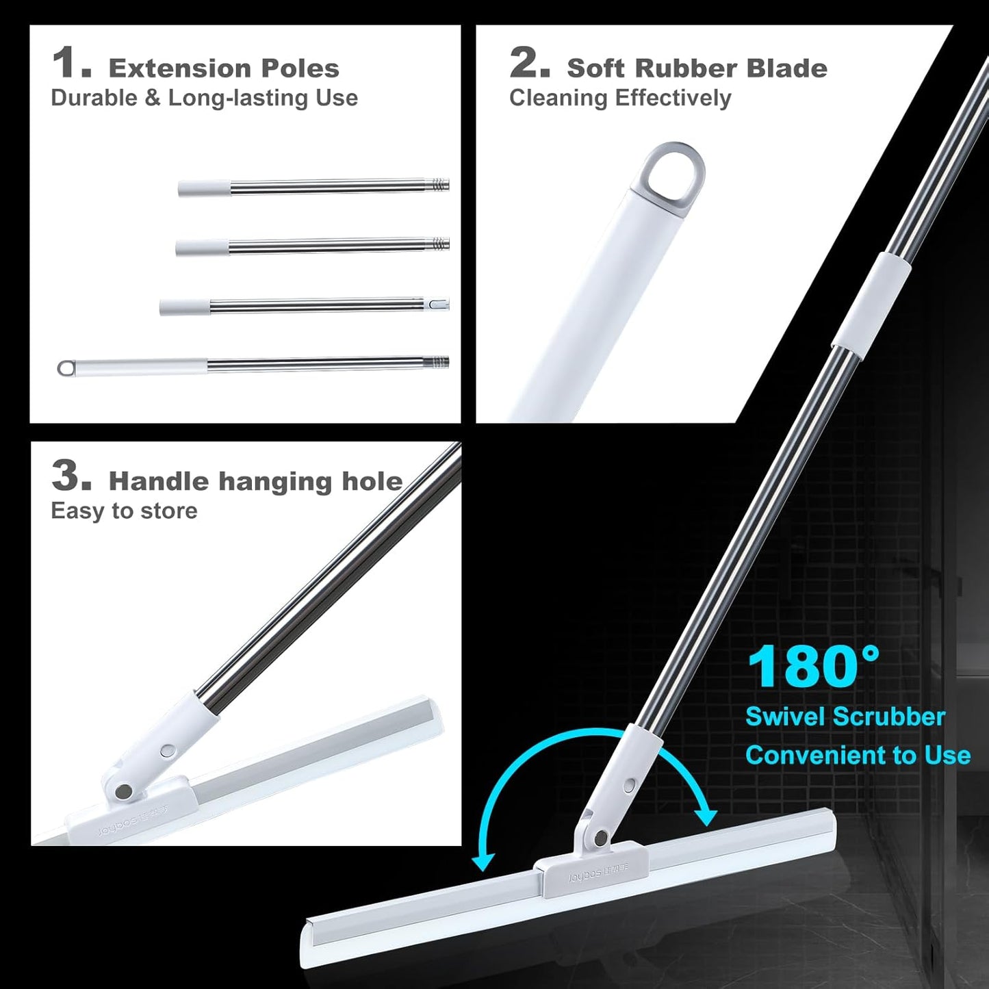 JOYBOS Rubber Floor Squeegee for Smooth Surface Concrete Floor, Tile Floor, Heavy Duty Garage Shower Floor Squeegee Broom for Removing Water, Commercial Scrubber Mop with Adjustable Long Handle (XL)