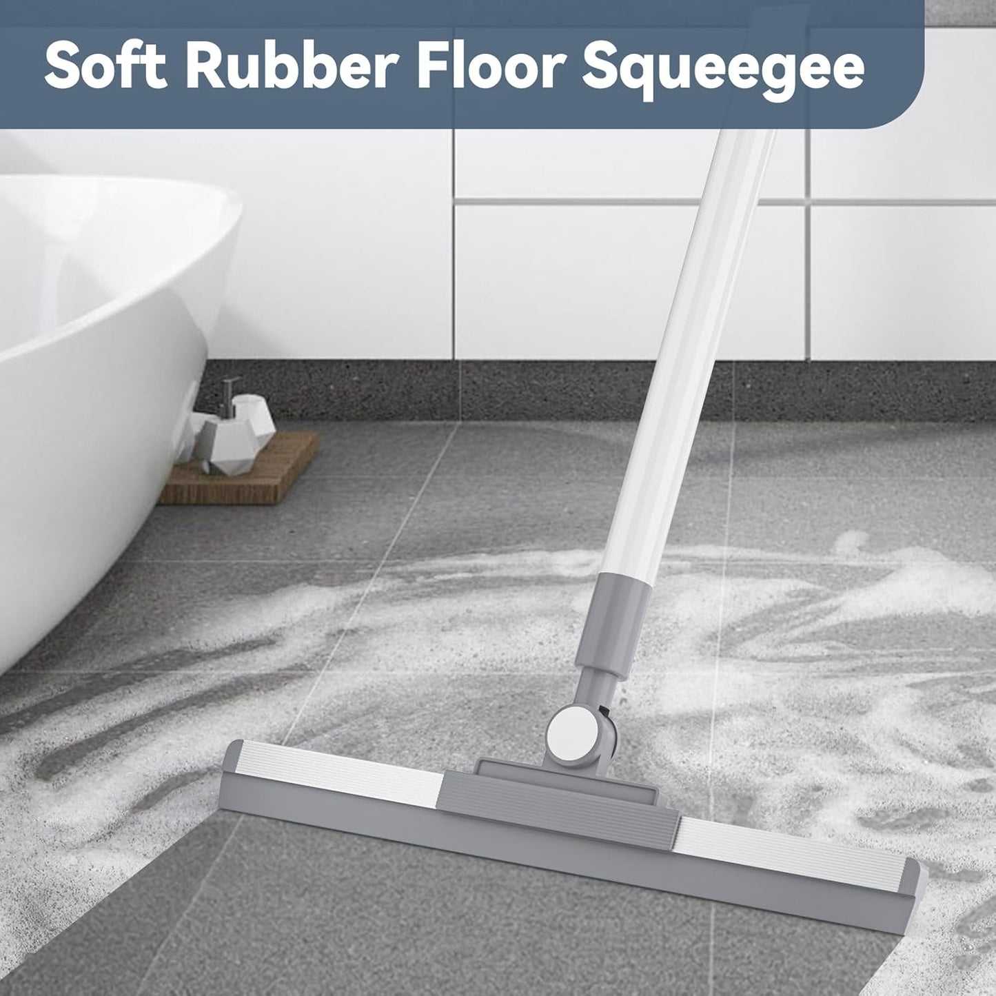Floor Squeegee with 180° Rotating Head, Squeegee for Floor with 52'' Long Handle, Squeegee Broom, Squeegee for Window Cleaning, Bathroom Tile, Garage Concrete, Deck, Shower Glass (White)