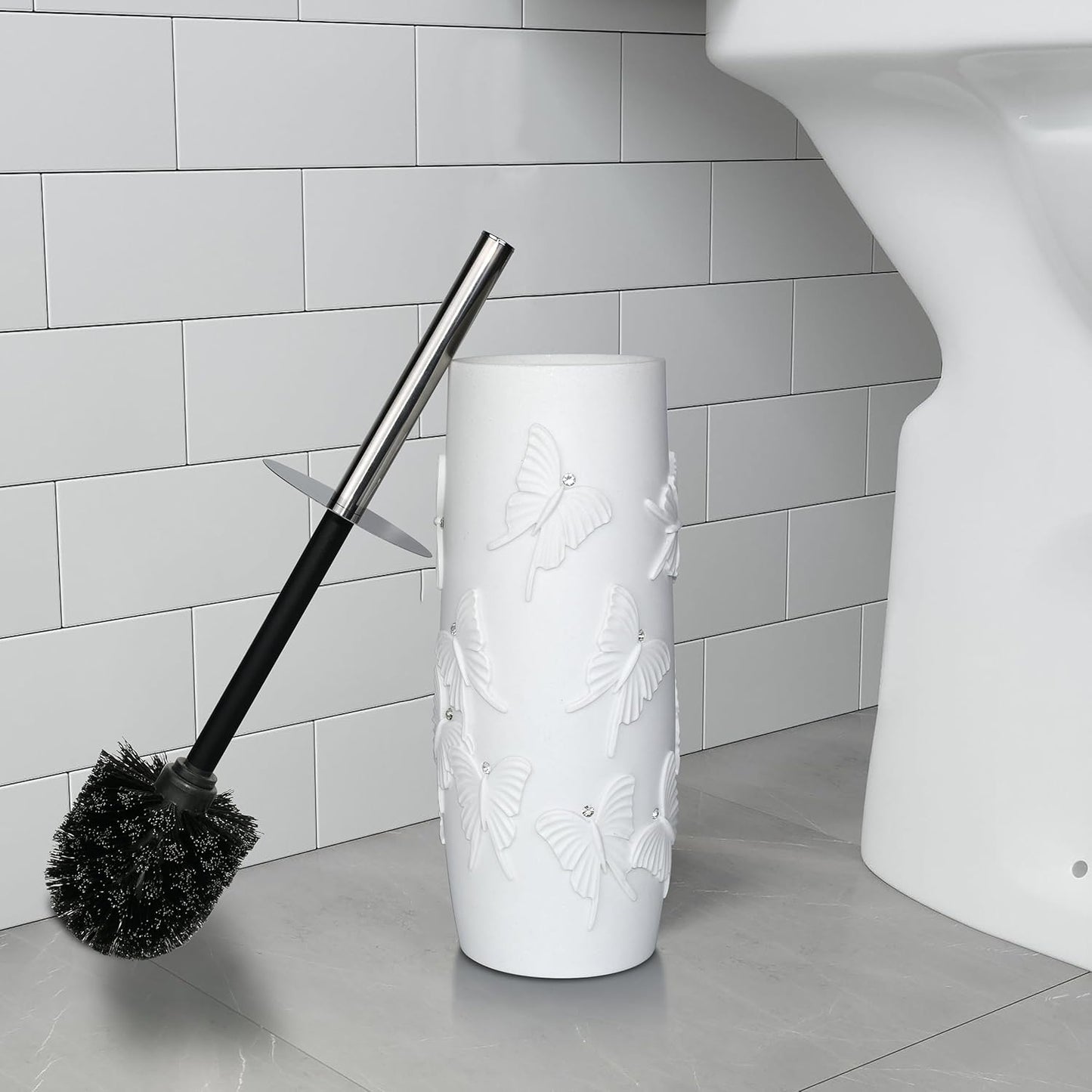 White Floral Branches Design Resin Toilet Bowl Brush and Holder Set, Elegant Bathroom Cleaning Tool with Durable Bristles, Compact and Functional