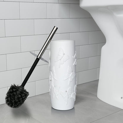 White Floral Branches Design Resin Toilet Bowl Brush and Holder Set, Elegant Bathroom Cleaning Tool with Durable Bristles, Compact and Functional
