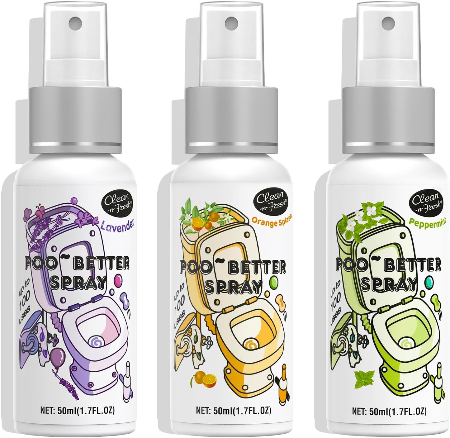 Clean-n-Fresh Toilet Spray, Variety Pack of 3 - Citrus/Lavender/Hibiscus, Bathroom & Toilet Odor Elimination, Travel Size 1.7 Fl Oz Each, Total 5.1 Fl Oz