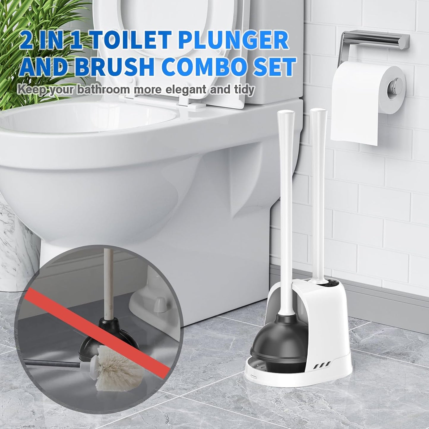 LOVLOY Toilet Plunger and Brush,2 Pack Bowl Brush and Heavy Duty Toilet Plunger Set with Ventilated Holder, 2-in-1 Toilet Brush and Plunger Combo for 5.3-inch Toilet Drain Bathroom Cleaning